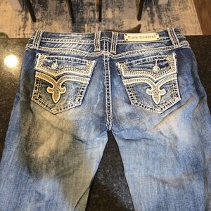 Rock Revival Distressed Blue Jeans with Cream Embroidery Womens 32 Kai Skinny